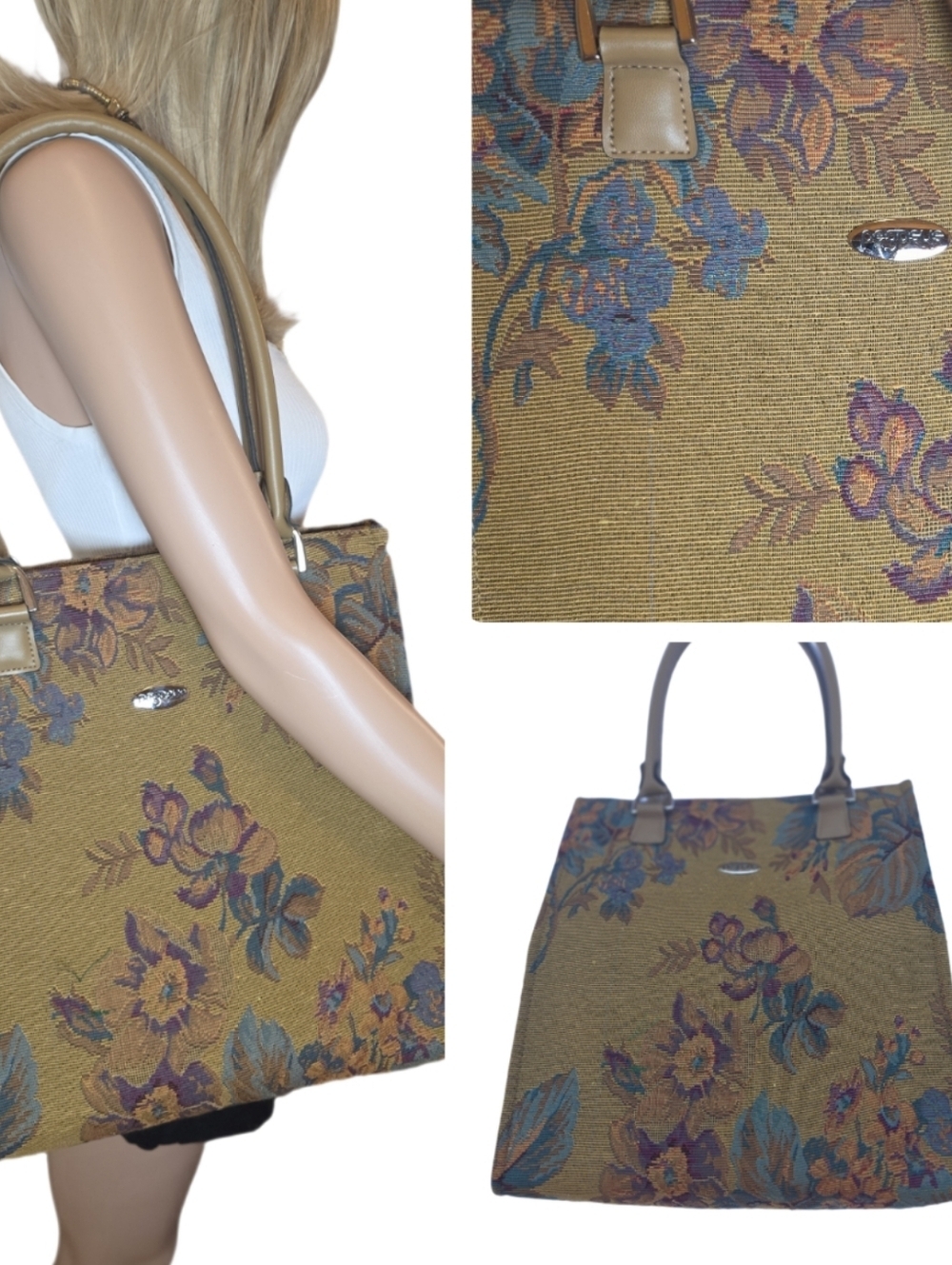 Vintage Pegasus Floral Tapestry Tote Bag - Earthy Tones & Vegan Leather Handles - Picture 14 of 15